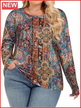 Womens Plus Size Long Sleeve Top Loose Fit Casual Round Neck Tunic Shirt